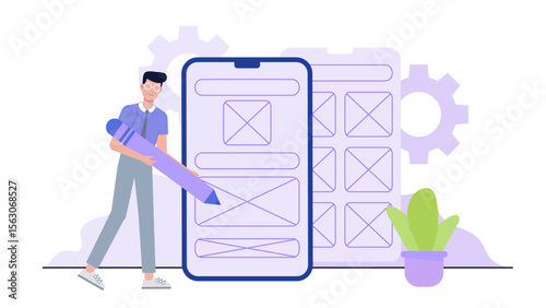 A man designs a mobile app interface using a large pencil. Ideal for technology, design, creativity, innovation, app development themes.