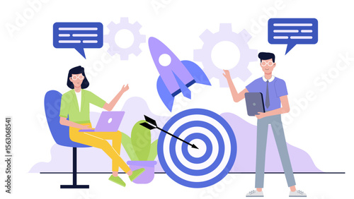 Two coworkers strategizing for a successful business launch. Ideal for entrepreneurship concepts, teamwork themes, startup advertisements, and business presentations.