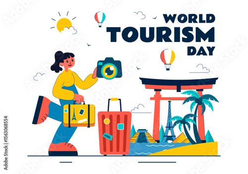 World Tourism Day Vector Illustration featuring a Globe, Famous Landmarks, Architectural Monuments, and National Statues in a Flat Background Design