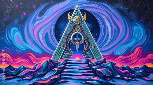 A large, triangular portal stands in the center, surrounded by swirling cosmic patterns and vivid colors. The foreground features mystical, glowing steps leading up to the portal