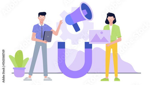 Digital marketing concept with people and a magnet; suitable for illustrating lead generation, customer acquisition, and online business strategies.