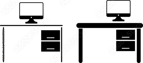 office desk icon set. Office workplace sign. organized office workspace featuring a desk. computer desk setup with monitor and speakers
