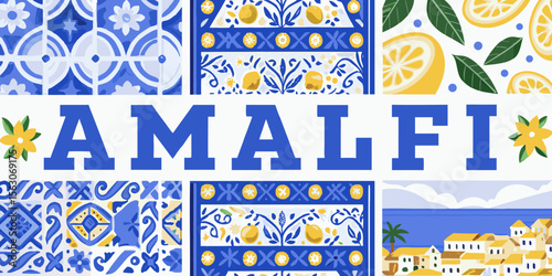 Amalfi Coast Inspired Design with Tiles Lemons and Coastal Village Illustration