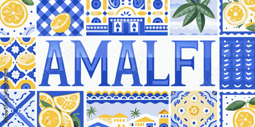 Amalfi Coast Inspired Design with Blue and Yellow Tiles and Lemon Illustrations