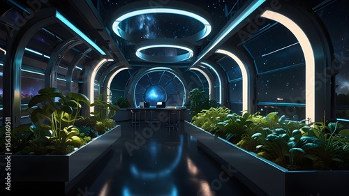 A futuristic spaceship corridor filled with lush green plants is illuminated by neon lighting. The space seems to blend nature with technology, offering a serene view of the stars outside.