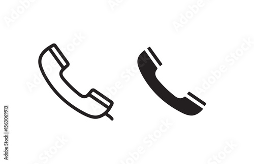 Two telephone handset icons one outlined and one solid black isolated on white background