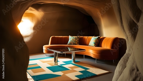 A cozy, brightly lit cave features a stylish orange couch paired with patterned cushions, along with a modern geometric rug and glass-topped coffee table. 