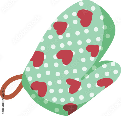 A green oven mitt with red hearts and white polka dots.