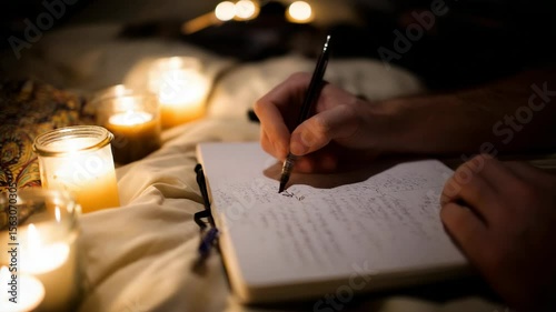 Person writing in a notebook by candlelight