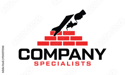 hand holding trowel with brick symbol for bricklayer logo design vector template