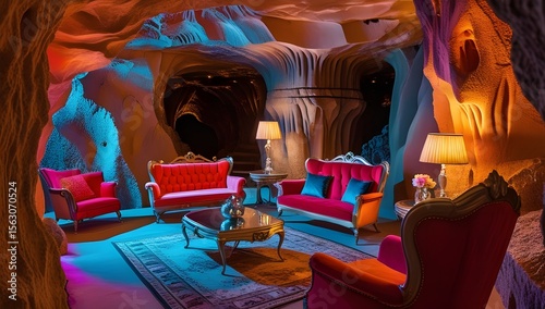 A cozy, dimly lit cave-thematic room features ornate red seating and elegant lamps. The walls mimic natural rock formations, enhanced by ambient blue and orange lighting.