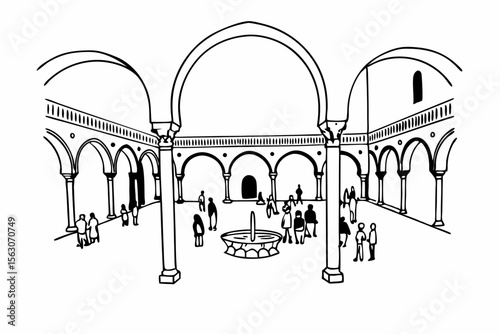 Maximalist Illustration of an Andalusian Courtyard with Vibrant Colors and Intricate Details