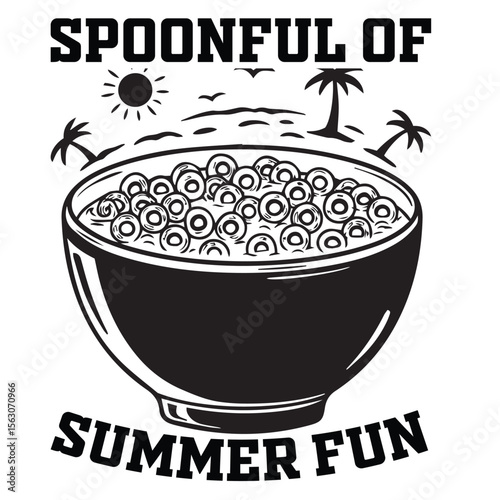 Vector illustration depicting a black and white bowl of cereal on a beachy background with the words spoonful of summer fun