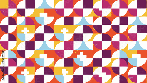 Abstract pattern featuring circles squares and plus signs in a colorful arrangement design element