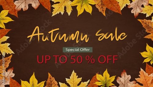 Autumn Background for Fall seasonal special discounts in stores.Sale promotion templates with Autumn leaves.Vector dry leaf on grainy texture on brown background for Flyer,Banner,Social media