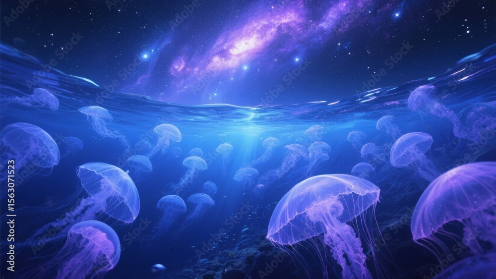 Naklejka premium Glowing Jellyfish in a Cosmic Ocean Underwater Scene