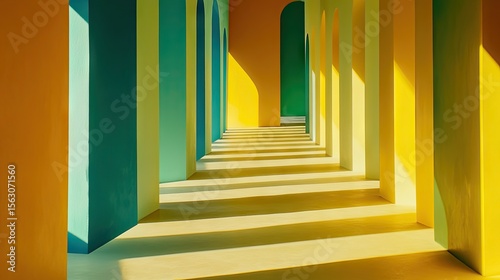 Colorful archway hallway with striped walls and shadows.