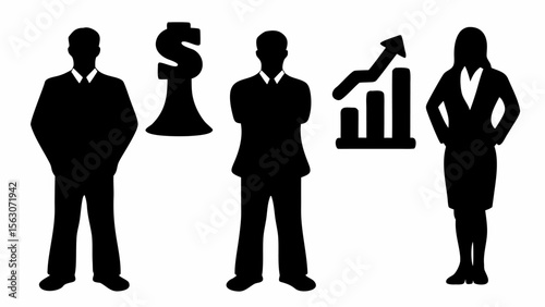 Silhouetted figures of business people with dollar sign and growth chart indicating success