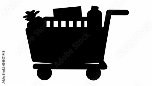 Silhouette of a shopping cart filled with groceries including produce box and bottle in black and white