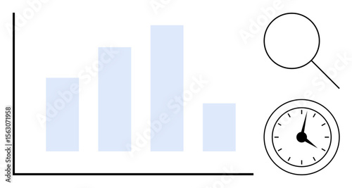 Bar chart, magnifying glass, and clock highlight performance, analysis, and time efficiency. Ideal for business, analytics, productivity, research planning data tracking simple flat metaphor