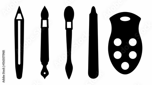 Illustration of art supplies including a pencil brushes and a paint palette in black and white style