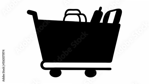 A black silhouette of a shopping cart filled with groceries and other items against a white background