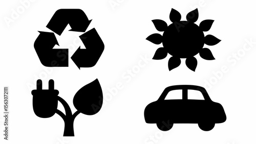 Black and white icons representing recycling, sun, electric plug with leaves, and a car illustration