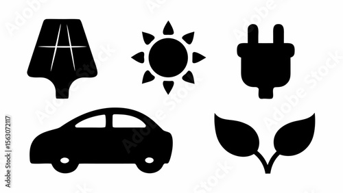 Illustration showing solar panel, sun, electric plug, car, and leaves representing green energy solutions