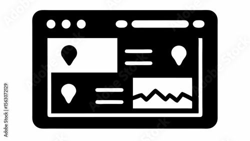 Black dashboard interface with location pins and a graph representing data visualization clearly shown