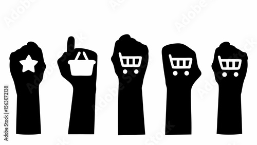 Black and white illustration of five raised hands with shopping icons on them in a row on a white background