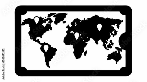 Black and white world map inside a rounded rectangle with location pins marking different continents and areas