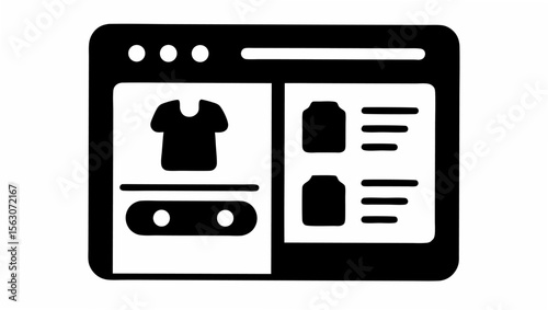 Icon showing an online shopping interface with clothing and product listings in a black and white design