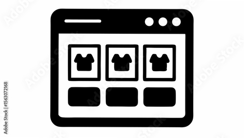 Illustration of a black and white online store interface displaying clothing items in a grid layout design