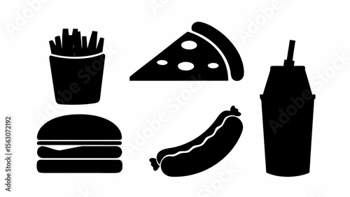 Black and white silhouette of fast food items including fries pizza burger hotdog and a drink cup design