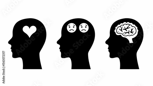 Three stylized head profiles showcasing different emotional and mental states with heart, brain, and sad faces