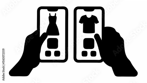 Two hands holding smartphones displaying clothing items for sale in an online shopping application app
