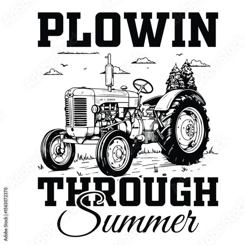 Vintage tractor plowing through summer season in a black and white illustration of a retro farm vehicle