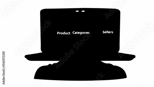 Silhouette of a person using a laptop displaying product categories and sellers information online for business