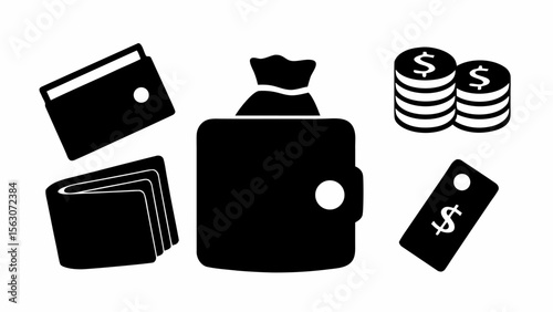 Illustration of wallets, a money bag on a wallet, stacks of coins, and a price tag in black and white