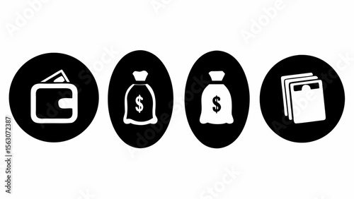 Black and white icons depicting a wallet, two money bags with dollar signs, and a stack of cards