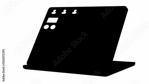 Black silhouette of a tablet device with user icons and display elements on a white background view