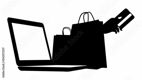 Illustration of a laptop with shopping bags and a hand holding a credit card in black and white style