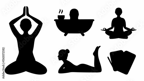 Silhouette illustrations depicting yoga poses, bathing, and reading for relaxation and wellness practices