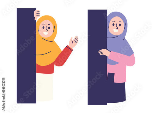 Flat Muslim Woman Peeking Illustration