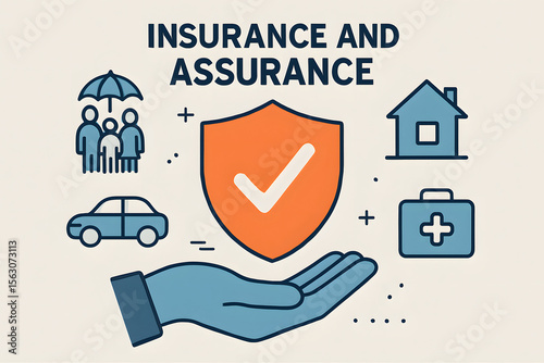 Insurance and Assurance: A graphic symbolizing security and protection, incorporating icons of a family, house, car, and medical kit, conveying peace of mind and coverage.