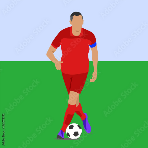Illustration Vector Style Football Soccer player dribbling ball on green field during game