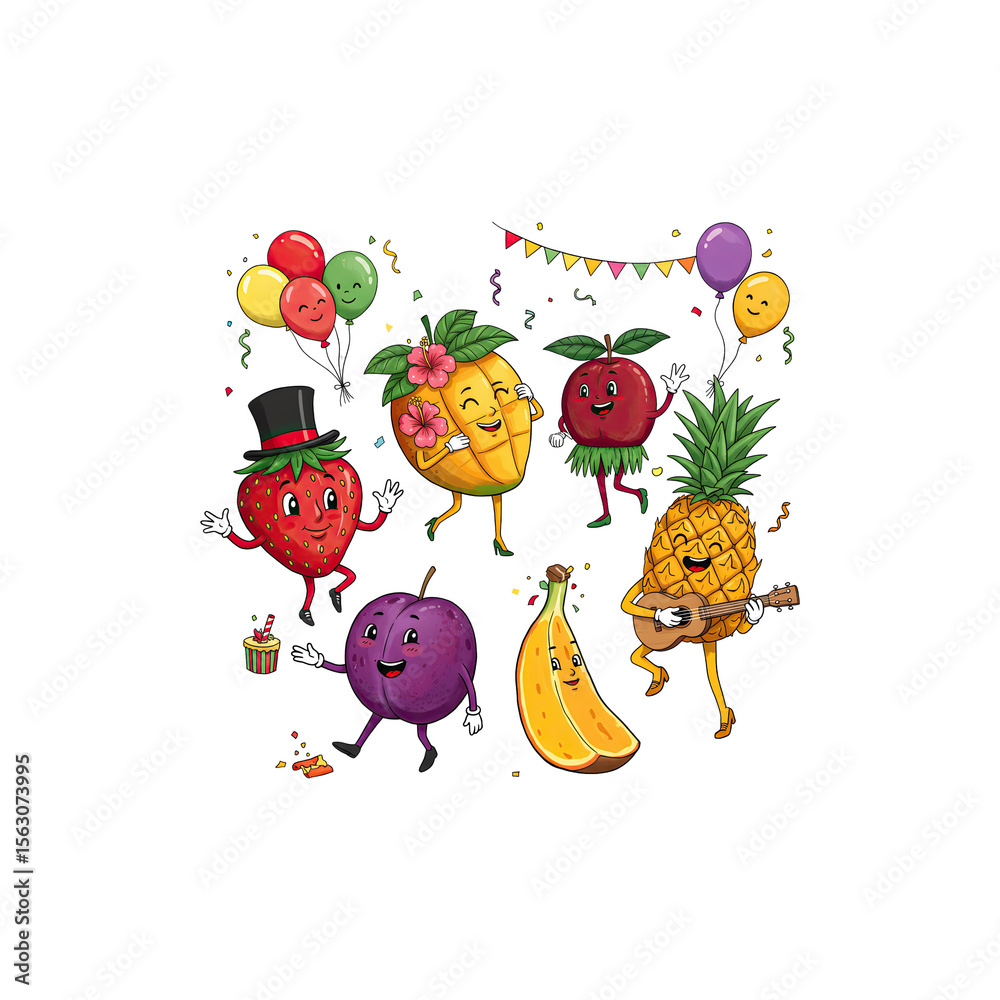 Naklejka premium Cute cartoon vegetables and fruits dancing with colourful party caps for healthy eating, kids menu, and fun designs