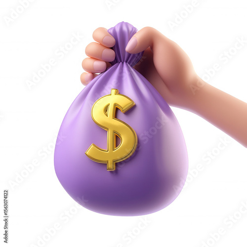 Cartoon hand gripping purple money bag featuring gold dollar sign, 3d icon rendering for financial graphics and applications