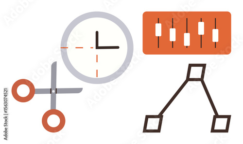 Scissors, clock with dashed focus lines, sliders, and adjustment nodes represent tools for editing, creativity, and customization. Ideal for design, time management, tools settings workflow
