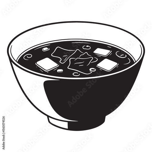 A stylized illustration of japanese miso soup served in a deep ceramic bowl